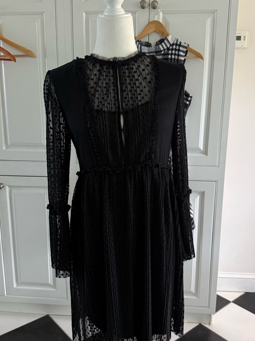 Maje Black Long Sleeve Sheer-Panel Midi Dress